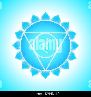 Vektor fünften Vishuddha Hals- Chakra sanskrit Saatgut mantra Schinken Hinduismus Silbe Lotusblüten. Dot arbeiten Tattoo Style Hand gezeichnet weiß Schwarzweiß-Symbol Stock Vektor