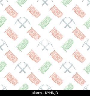 Vektor bunte Outline style Design GPU rote und grüne Graphic Processing Units crypto Währung Gold gekreuzte Bergbau picks Abbildungen weiß isoliert Stock Vektor