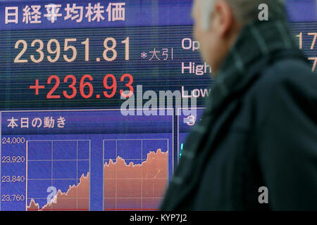 Tokio, Japan. 16 Jan, 2018. Ein Mann der Vergangenheit, ein elektronisches Zeichen, der anzeigt, Japan's Nikkei Bestand Durchschnitt, die auf den höchsten Stand seit November 1991 Während des Handels am Januar 16, 2018, Tokyo, Japan. Der Nikkei 225 Stock Durchschnittliche geschlossen 236.93 Punkte auf 23,951.81. Credit: Rodrigo Reyes Marin/LBA/Alamy leben Nachrichten Stockfoto