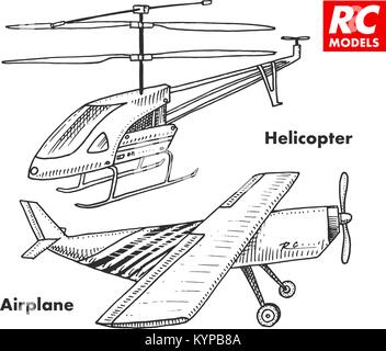 RC, Fernbedienung Modelle. Toys Design Elemente für Embleme, Symbol. Hubschrauber und Flugzeuge oder Flugzeug. revival Radios tuner Broadcasting System. Innovative Technologien. graviert Hand gezeichnet. Stock Vektor