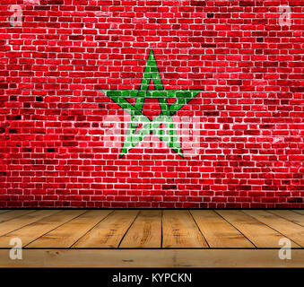 Marocco flag painted on brick wall with wooden floor Stockfoto