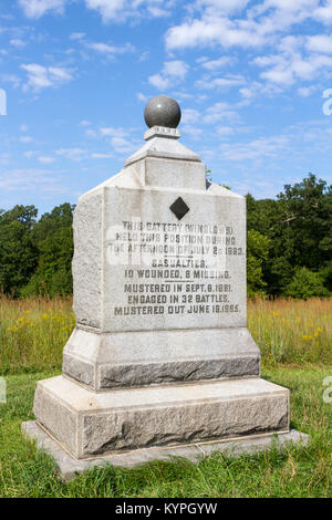 Die 1 New York Leichte Artillerie, Batterie D'Winslow's Batterie" Denkmal in Wheatfield, Gettysburg National Military Park, Pennsylvania, USA. Stockfoto