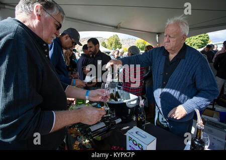 Besuchen Teilnehmer der Verkostung der verschiedenen Weine, die auf dem jährlichen Festival der Traube in Oliver, British Columbia, Kanada befinden. Stockfoto