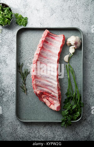 Rohe Schweinerippchen auf metallischen Fach mit Kräutern und Knoblauch. Rustikale Hintergrund, kopieren. Stockfoto