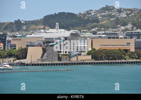 Museum von Neuseeland, Te Papa Tongarewa, Wellington, vom Meer aus gesehen Stockfoto