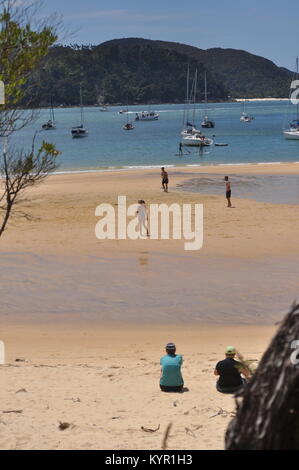 Strand und Schiffe an Anchorage Bay, Abel Tasman National Park, Neuseeland Stockfoto