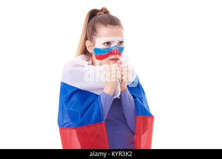 Russische Frauen Ventilator mit National Flagge beten für das Gewinnen Stockfoto