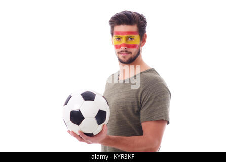 Vorderansicht des gewidmet Spanien Unterstützer mit Fußball Stockfoto