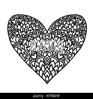 Handdrawn zentangle Herz. Mandala Design für St. Valentinstag Karten. Malbuch Muster. Vector schwarz und weiß doodle Abbildung. Stock Vektor