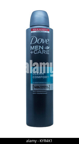 Largs, Schottland, Großbritannien - 14 Januar, 2018: eine Dose Dove Deodorant für Männer vor einem weißen Hintergrund. Stockfoto