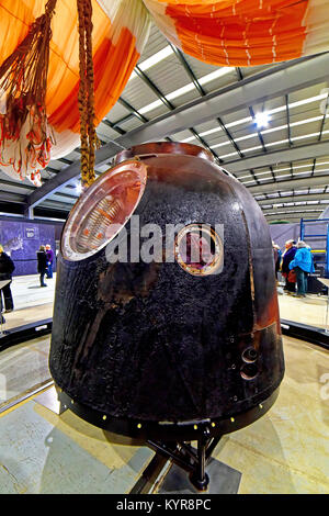 Tim Peakes Sojus-raumkapsel und re Eintrag Fallschirm Details in der Russischen Shildon Railway Museum Stockfoto