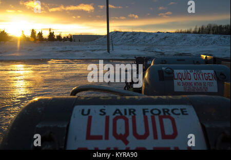 Flüssiger Sauerstoff gefüllte Karren sind bereit zur Abholung an der 673 d Logistik Bereitschaft Squadron Brennstoffe Einrichtungen Abschnitt an Joint Base Elmendorf-Richardson, Alaska, Dez. 4, 2017. Sauerstoff wird unter Druck in flüssigem Zustand gekühlt, um es effizienter vom Tieftemperaturtanks zu JBER Aircraft und frische Luft zu Piloten im Flug zu transportieren. (U.S. Air Force Stockfoto