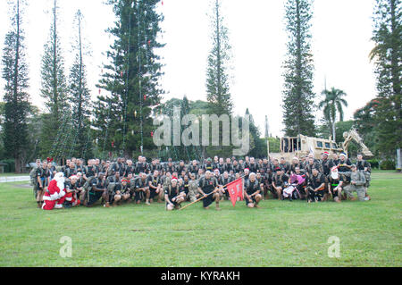 SCHOFIELD BARRACKS - Rund 130 Soldaten und Angehörige aus dem 95Th Engineer Company (Spiel), 84th Eng. Bataillon, 130 Eng. Brigade, 8 Theater Sustainment Command, sowie Soldaten der 130 Eng. Bde. Team, posieren für ein Stockfoto