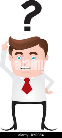 Ein Geschäftsmann mit Fragezeichen auf seinem Haupt. Vector Illustration. Stock Vektor