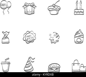 Geburtstag Symbole in der Skizze. Stock Vektor