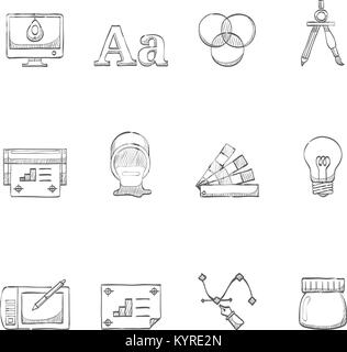Druck und Grafik Design Symbol Serie in der Skizze. Stock Vektor