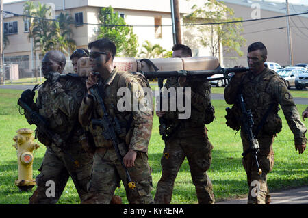 Soldaten der 3. Brigade Combat Team, "Broncos zugewiesen", 25 Infanterie Division, tragen eine gewichtete Wurf auf ihrem Marsch von Osten Bereich zurück zu F Quad, Schofield Barracks, während Mungadai. Der Zweck der Mungadai ist zu erstellen, ausgebildet, und bereit, Fachleute, die mit den Betriebs- und grundlegende Kenntnisse vorbereitet, disziplinierte, Initiative zu ergreifen, während der Implementierung und der Ausführung der Absicht ihres Kommandanten. (U.S. Armee Stockfoto