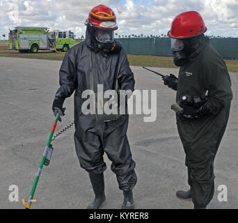 U.S. Army Reserve SPC. Aldrich Cushnie, Links und SPC. David Forcier, sowohl der 468th Engineer Detachment (Feuerwehr), 368 Techniker Bataillon, 302d Manöver Verbesserung Brigade, 412 Theater Ingenieur Befehl in Danvers, Massachusetts, diskutieren "Strahlung" Lesungen bei einer gemeinsamen Übung mit dem Homestead-Miami Speedway und Miami-Dade Fire Rescue Department in Miami, Florida gehostet werden. Jan. 11, 2018. Diese jte konzentrierte sich auf den Aufbau von Kapazitäten und der nahtlose Übergang zwischen den örtlichen Ersthelfern und die Unterstützung durch die Nationalgarde und aktive Armee zur Verfügung gestellt Stockfoto