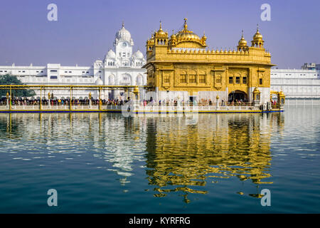 Golden Temple, Sikh Gudwara in Amritsar, Indien. Reflexionen über den heiligen Teich von Harmandir Sahib, heiligste Heiligtum der Sikh Religion. Indische Wahrzeichen. Stockfoto