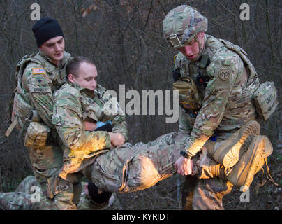 Yavoriv, Ukraine-SPC. Kaleb, Bailey und SPC. Robert Graber, zwei Combat medic auf die Gemeinsame Multinationale Ausbildung Gruppe - Ukraine (JMTG-U) beteiligt sich an einem mascal Übung hier Jan. 12 zugeordnet. Die Übung, die entworfen war, um ein Fahrzeug Kollision zu ähneln, wurde verwendet, um die JMTG-U der Medizinischen Sektion Bereitschaft und Fähigkeiten testen. Während der Übung die Mediziner, dass geantwortet hatte, triage und simulierte Opfer zu behandeln, bevor sie den Transport der Truppe Medizinische Klinik zur weiteren Pflege. (U.S. Armee Stockfoto