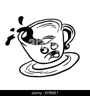 Schwarze und weiße Angst Tasse Kaffee verschütten Cartoon Illustration Stockfoto