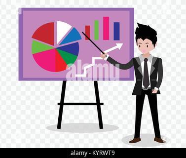 Geschäftsmann und Diagramme auf der Tafel. Präsentation Konzept, Seminar, Schulung, Konferenz, Aufwand und darüber hinaus zu gehen. Business Strategie und Finanzen. Chara Stock Vektor