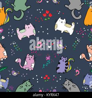 Süße Katze nahtlose Muster mit kleinen Vogel auf bunten Hintergrund Vector Illustration. Doodle Cartoon Stil Stock Vektor