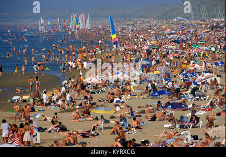 Die Niederlande, Scheveningen, in der Nähe von Den Haag oder in Niederländisch: Den Haag. Menschen Sonnenbaden am Strand. Sommer. Luftbild vom Pier. Stockfoto