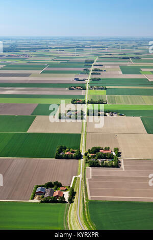 Die Niederlande, Nagele, Nordostpolder, Farmen und Ackerland in Flevopolder. Antenne. Stockfoto