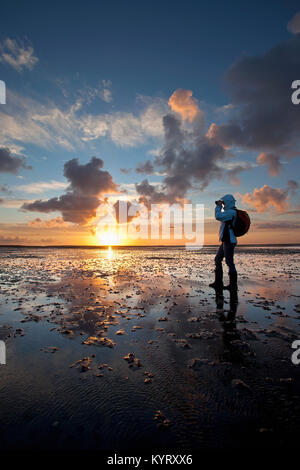 Die Niederlande Ameland, Ballum, Insel, vom Wattenmeer die Inseln. Unesco-Weltkulturerbe. Frau auf dem Wattenmeer. Sunrise. Stockfoto