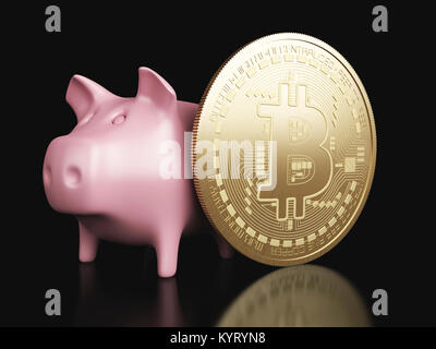 3d-Abbildung. Sparschwein und Virtuelle Bitcoin Münze. Cryptocurrency Konzept. Stockfoto