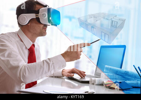 Designer Visualisierung von 3D-Ebene in der virtuellen Realität Gläser im Büro. Horizontale Komposition. Stockfoto