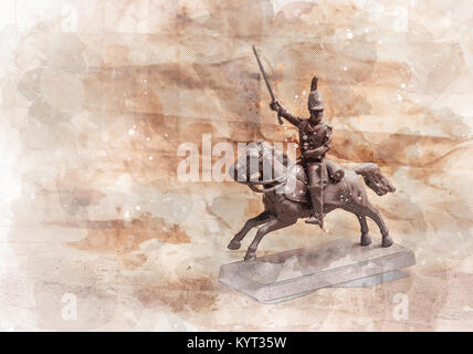 Stilisierten Bleistift Zeichnung mit Figurine Soldat auf einem Pferd auf dem Hintergrund der alten Papier. Stockfoto