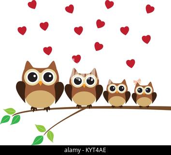 Vector Illustration von Owl Familie im Baum mit roten Herzen. Stock Vektor