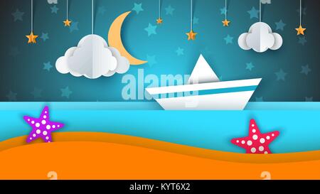 Schiff, Papier Landschaft, Meer, Cloud, star Cartoon Illustration. Stock Vektor