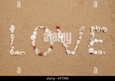 Inschrift Liebe von Muscheln auf Sand Stockfoto