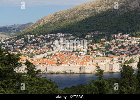 Altstadt, Gebäude auf dem Hügel und Berg Srd in Dubrovnik, Kroatien, gesehen von der grünen Insel Lokrum an einem sonnigen Tag. Stockfoto