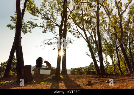 Ein Hund und eine Frau den Sonnenaufgang zusammen an Kemmangundi in Karnataka, Indien. Schöne am frühen Morgen goldenes Licht, hohen Bäumen, Wald, in den Bergen. Stockfoto