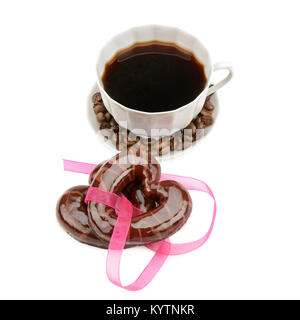 Kaffee und Cookies auf weißem Hintergrund Stockfoto