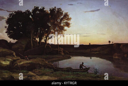 Jean-Baptiste Camille Corot Landschaft mit See und Bootsmann Stockfoto