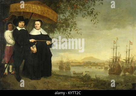 Aelbert Cuyp - A Senior Merchant von der niederländischen Ostindien-Kompanie, Jacob Mathieusen und seine Frau. Hinter ihnen, einen Slave-Hol Stockfoto