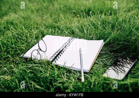 Nahaufnahme der leer Notebook mit Bleistift, Brillen und Smartphone auf grünem Gras Stockfoto