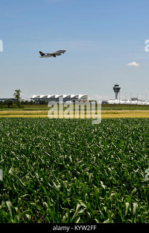 Feld, Flughafen, Terminal, mit dem Flugzeug aus, Lufthansa, LH, Airbus, A319, Flughafen München, Stockfoto