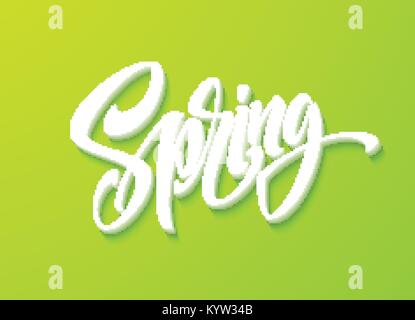 Hallo Frühling Schriftzug. Hand gezeichnet Kalligraphie, grünen Hintergrund. Vector Illustration Stock Vektor