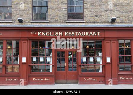 LONDON, Großbritannien - 22 April 2016: Der englische Restaurant in Spitalfields, London, UK. Laut Tripadvisor gibt es mindestens 16.500 Restaurants in Lon Stockfoto