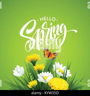 Inschrift Hallo Frühling auf Hintergrund mit Frühling Blumen. Vector Illustration Stock Vektor