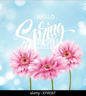 Gerbera Blume Hintergrund und Hallo Frühling Schriftzug. Vektor-Illustration Stock Vektor