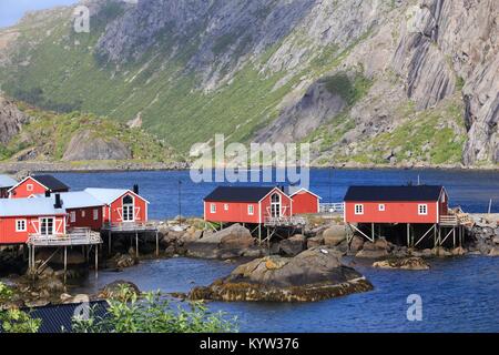 Inselgruppe Lofoten in Norwegen. Nusfjord Fischerdorf in Flakstadoya Insel. Stockfoto