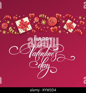 Hand gezeichnet Kalligraphie Schriftzug Happy Valentinstag. Farbe geschenkbox, Schleifen und Bänder. Vector Illustration Stock Vektor