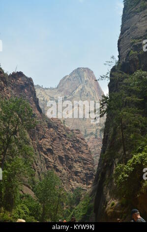 Grand Schlucht mit Blick auf einen sehr hohen Berg in Zion Park. Geologie Reisen Urlaub 25 Juni, 2017. Der Zion Park. Springdale. Utah. USA. EEUU. Stockfoto